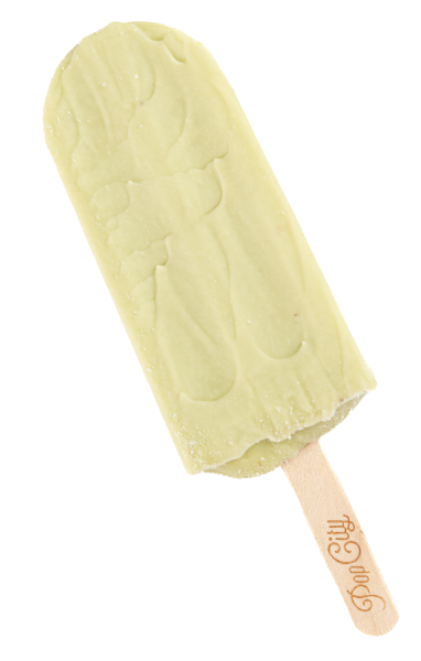 A creamy green avocado popsicle on a wooden stick with the "Pop City" logo, melting slightly with a smooth texture.