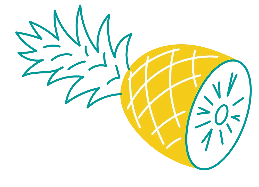 A stylized illustration of a pineapple with a yellow body and green leaves, featuring a cross-section on the right side, representing Popcity's refreshing and tropical flavors.