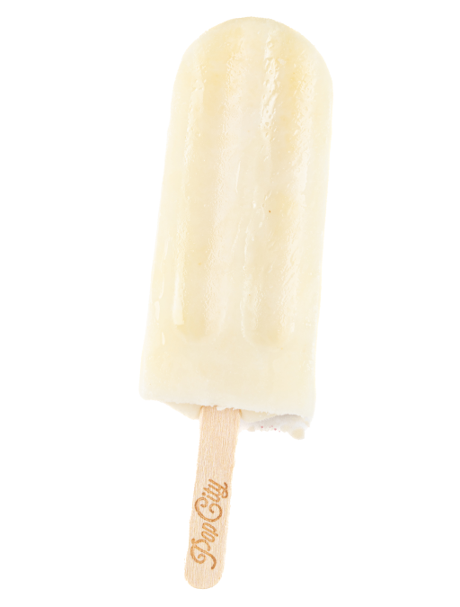 A vanilla popsicle from Popcity on a wooden stick with "Pop City" engraved on it, melting slightly with a creamy and smooth texture.