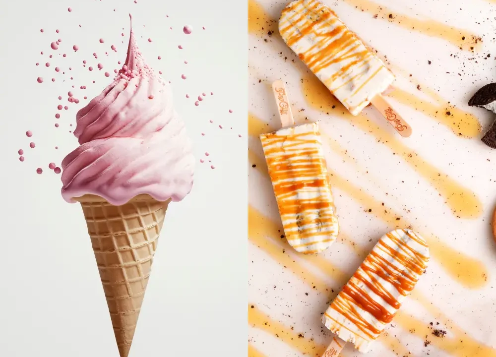 PopCity popsicles with white and orange swirls, and a pink soft-serve ice cream in a waffle cone.