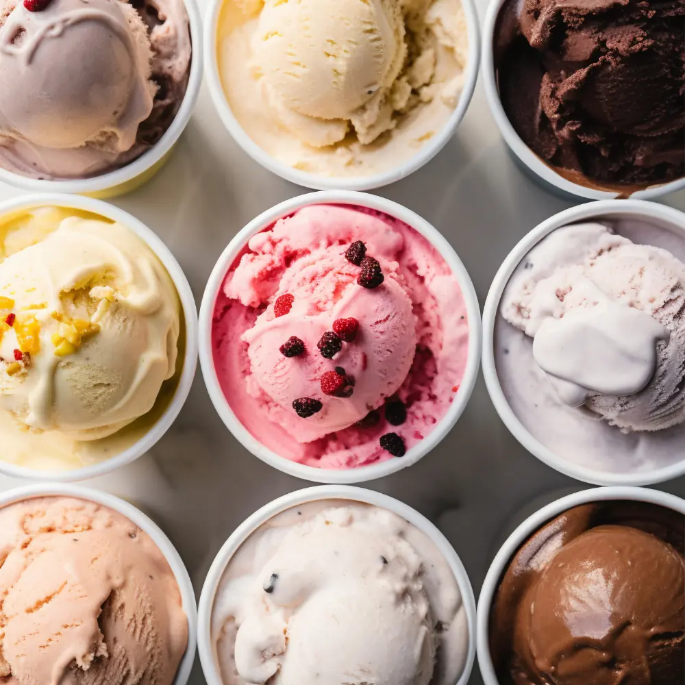 A grid of nine cups of ice cream in various flavors and colors.